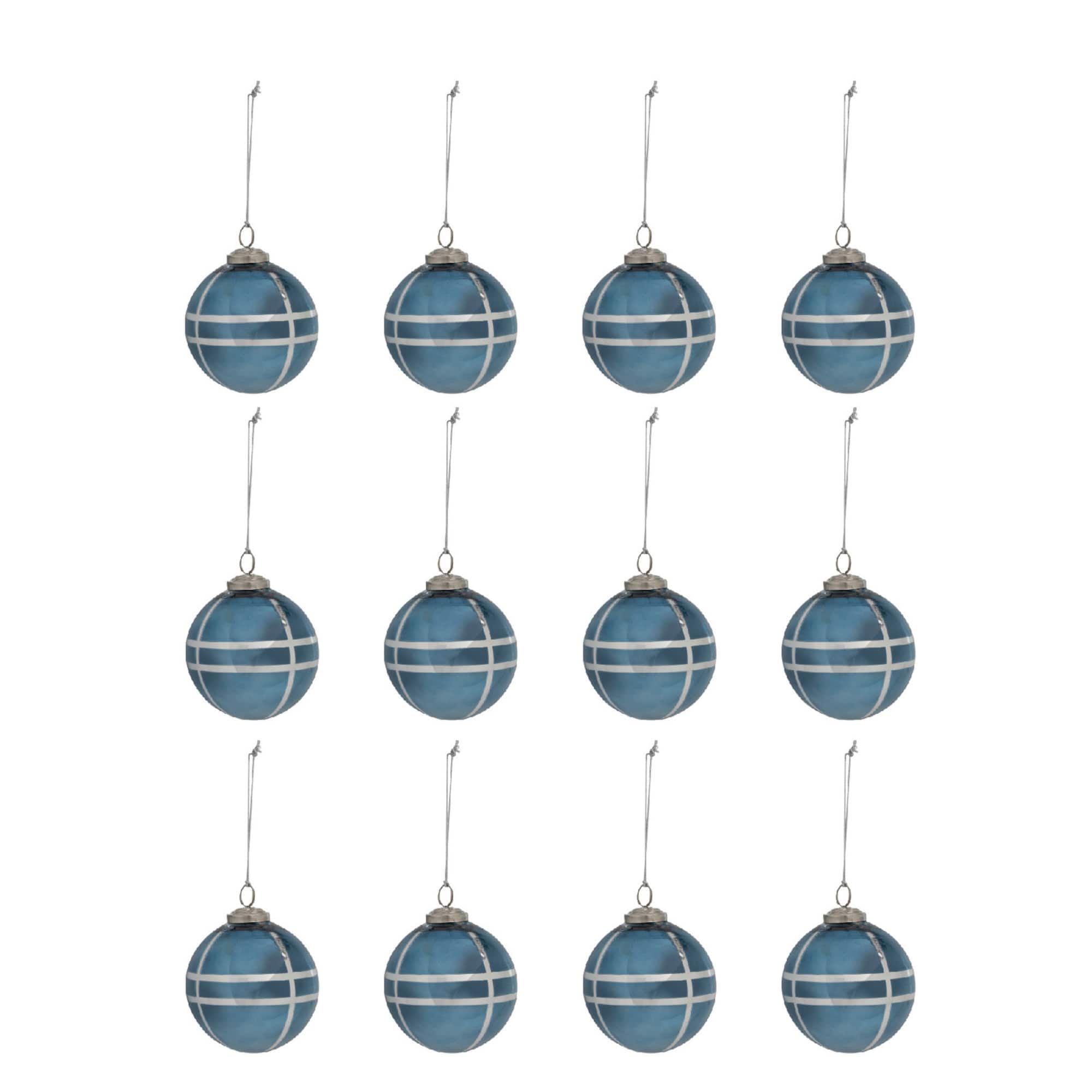 Hello Honey® 12 Pack 4" Blue & Silver Grid Mercury Glass Ball Ornaments